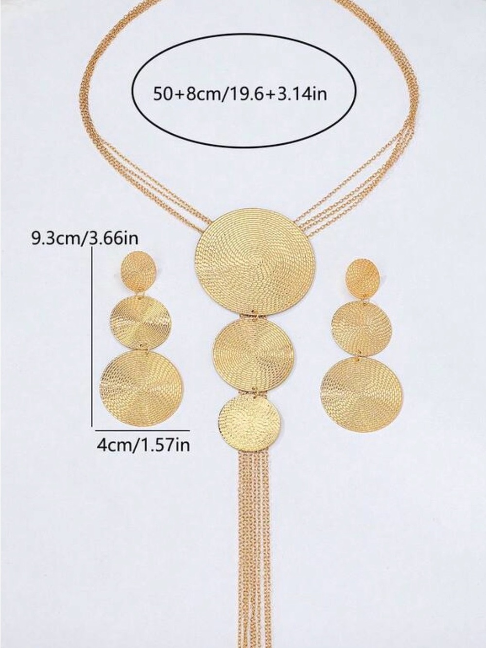 Gold Disc Drop Necklace and Earring Set - Elegant Women Jewelry - Picture 4 of 5